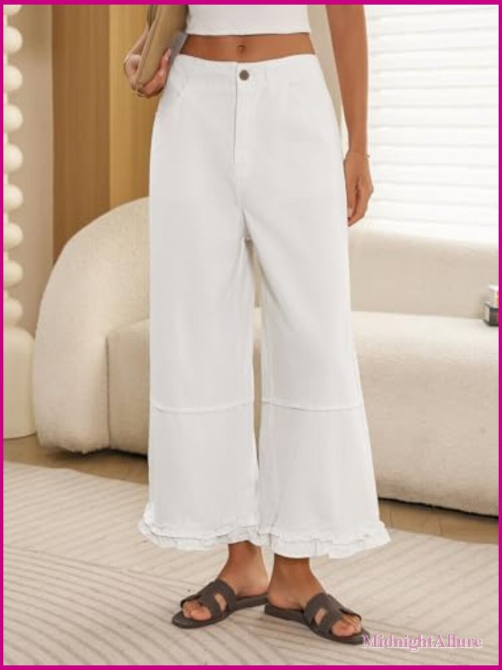 Ruffle Wide Leg Cropped Jeans High Waisted Baggy Denim Pants with Pockets - Picture 5 of 7